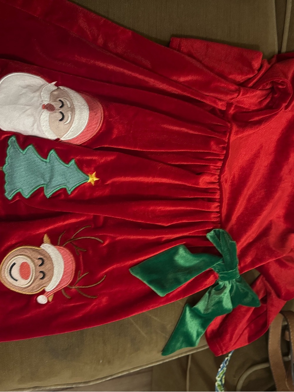 Girls Red Velvet Holiday Dress with Green Bow and Festive Appliqués